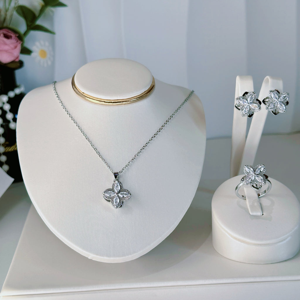 Rotating Four-Petal Flower Jewelry Set - Necklace, Earrings & Ring | “Good Luck Turn” Moving Charm - Pale Luna Jewelry