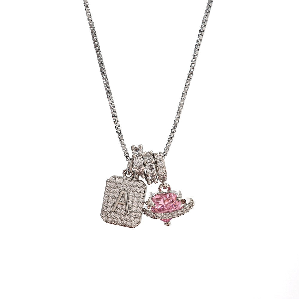 A Personalized Pink Heart Necklace - Custom Initial with CZ Stones | Dainty 40cm Chain