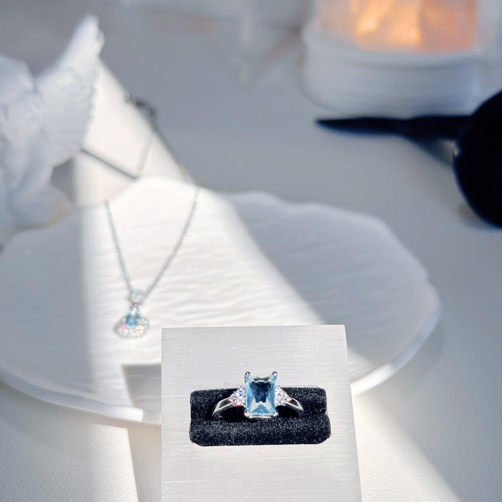 Aqua Serenity Set – s925 Sterling Silver Aquamarine Necklace & Ring | Dainty Teardrop Pendant & Square Band Ring