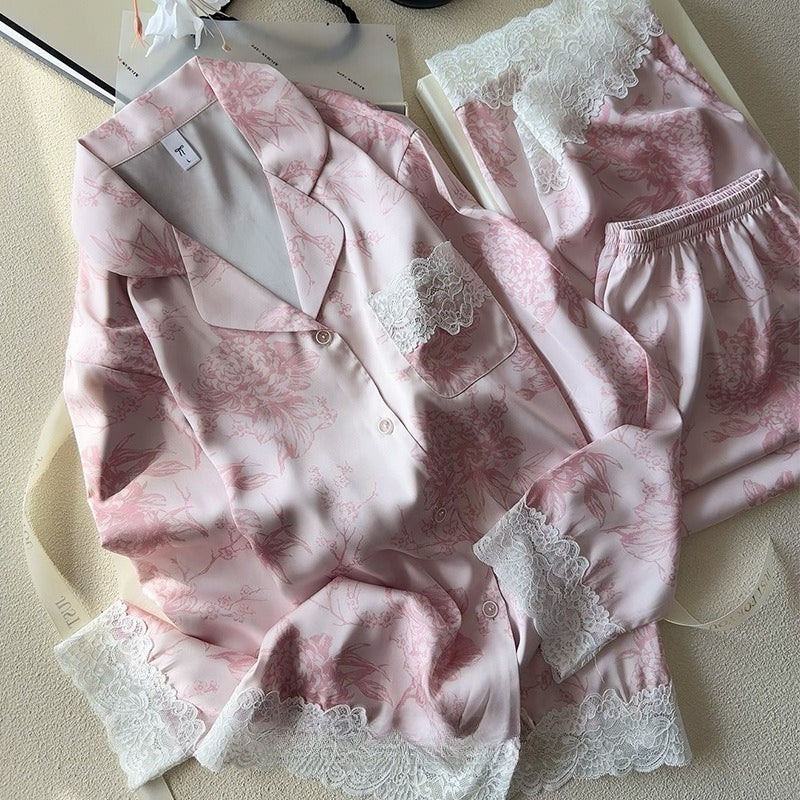 Lace Trim Ice-Silk Pajama Set – Long Sleeve Long Pants, Light Luxury Style