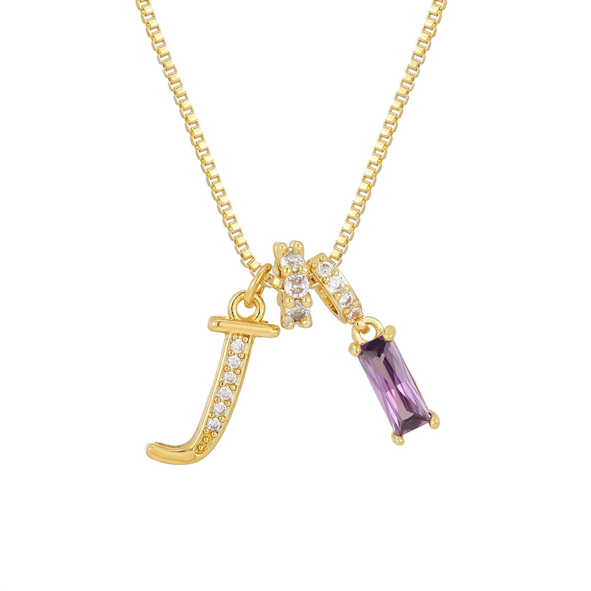 Gold Letter Necklace with Purple CZ - Rectangular Bar Pendant with Custom Initial | Personalized Jewelry