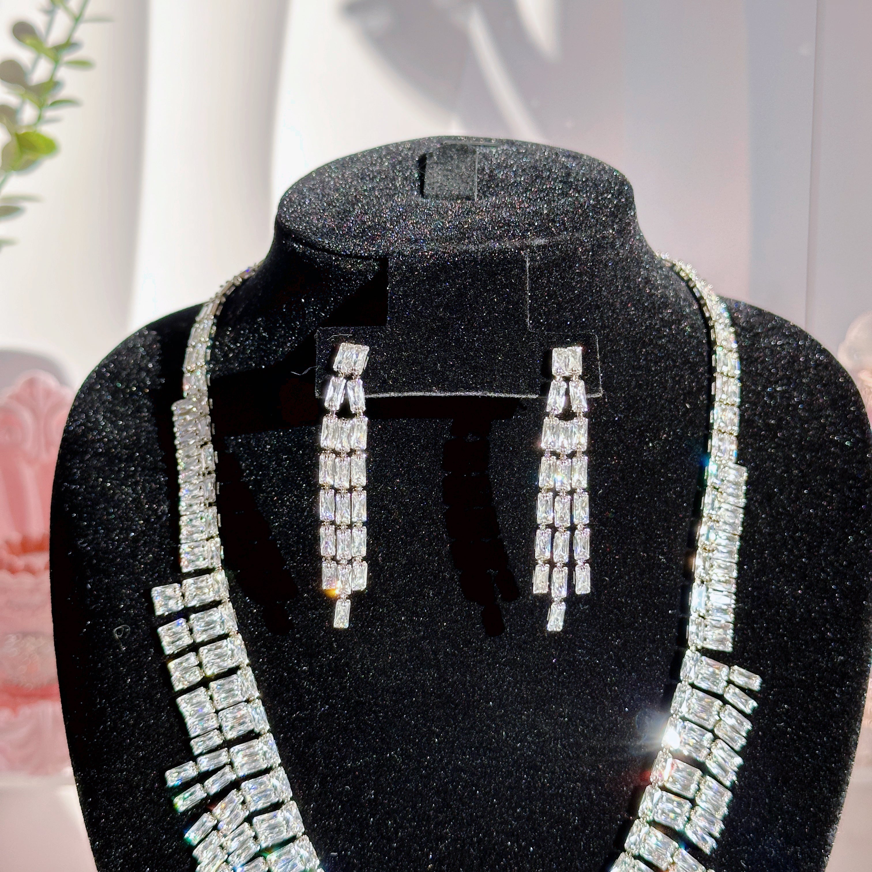 Double Layer Diamond Necklace Bracelet Earrings Set | Sapphire Ruby Emerald White Gemstone Jewelry Trio