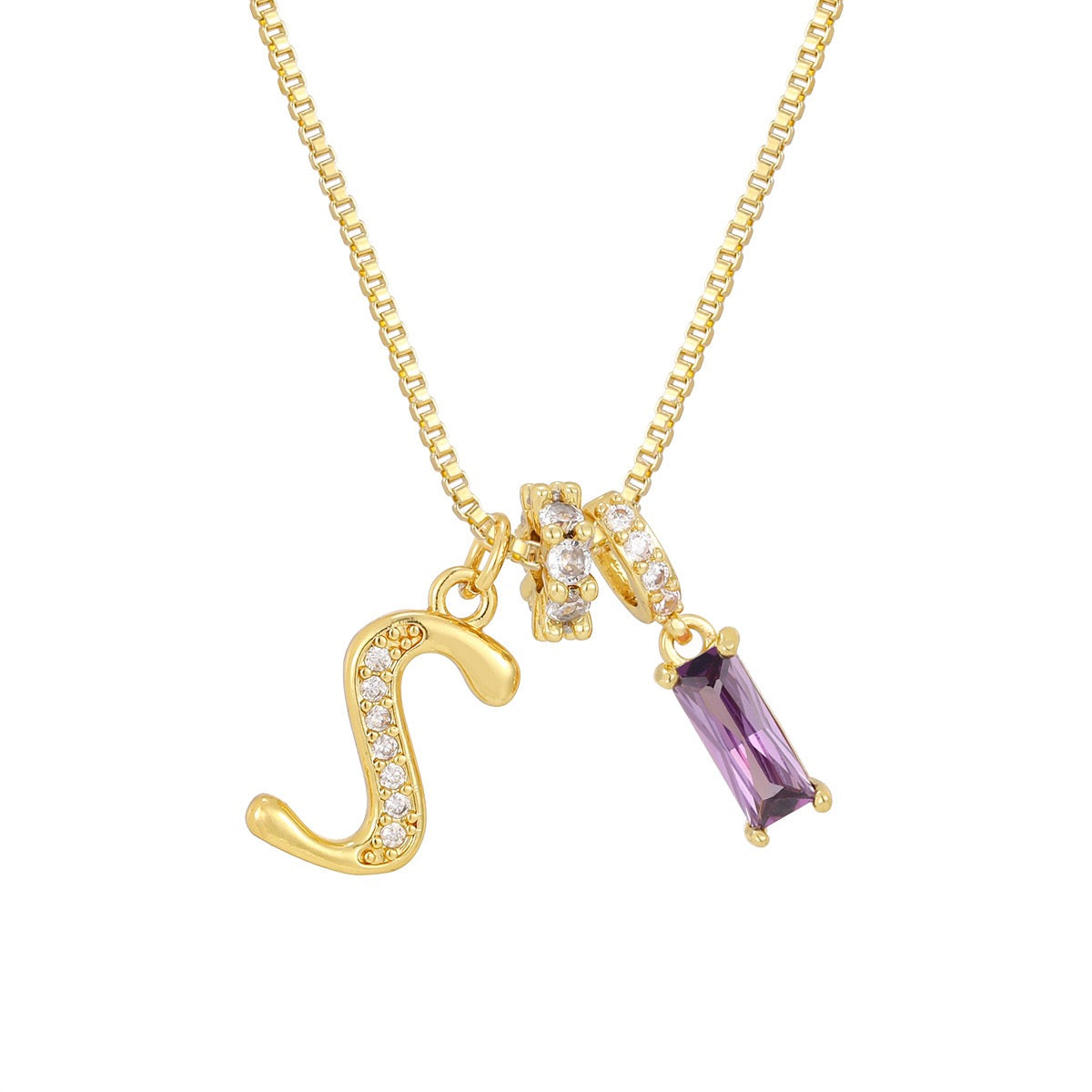 Gold Letter Necklace with Purple CZ - Rectangular Bar Pendant with Custom Initial | Personalized Jewelry