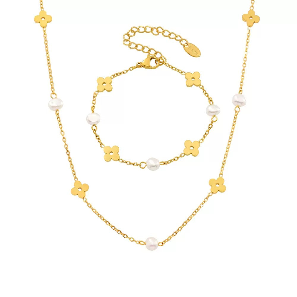 The Pearl Chain Blossom Set - Freshwater Pearl & Floral Link Necklace & Bracelet