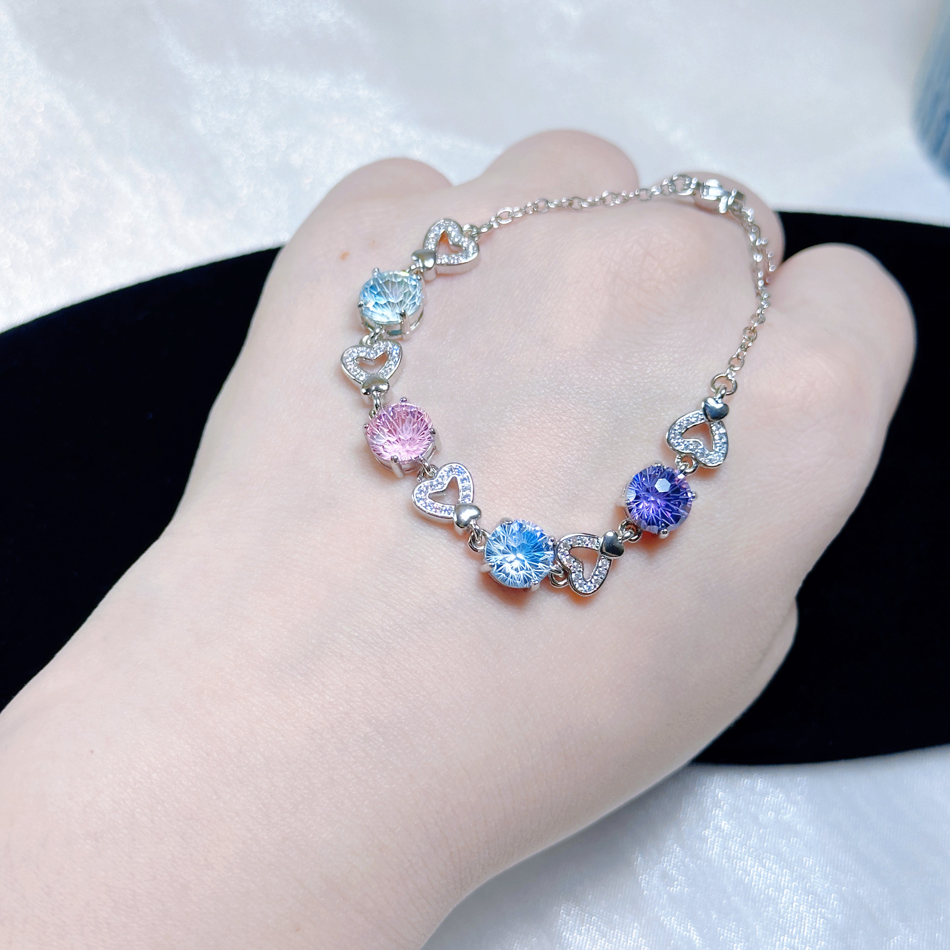 Gradient Crystal Bracelet – 5-Color Ombre Zirconia Chain | Tarnish-Free Silver (Blue/Purple/Green/Pink/Mixed)