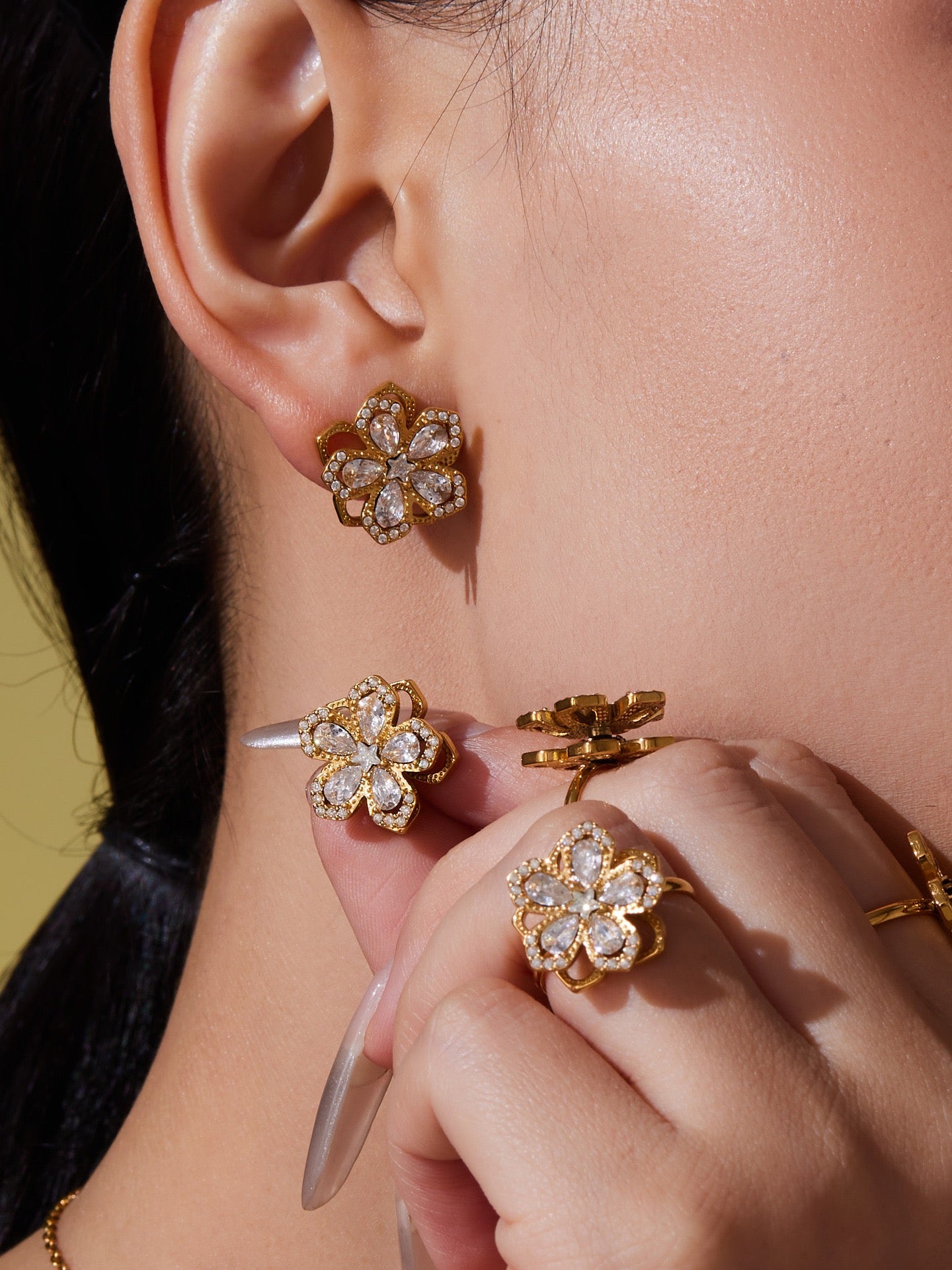The Rotating Bloom Trio - Kinetic Five-Petal Flower Set in Stainless Steel & Zircon