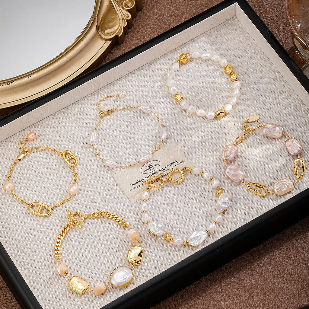 Mixed Material Pearl Bracelet – Freshwater Pearl, Natural Stone & 18K Gold