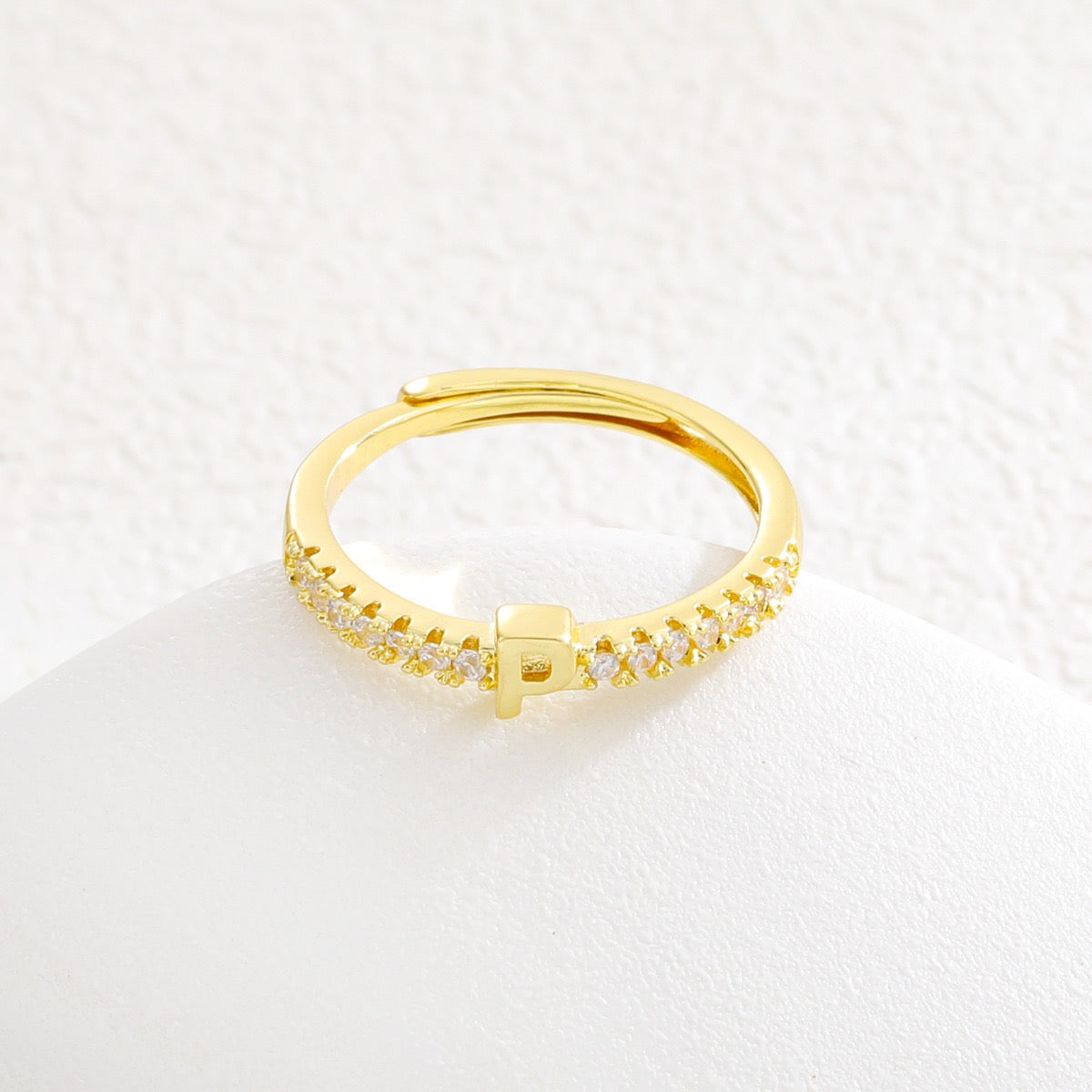 Personalized Initial Ring - Gold Plated Open Band with Sparkling Cubic Zirconia