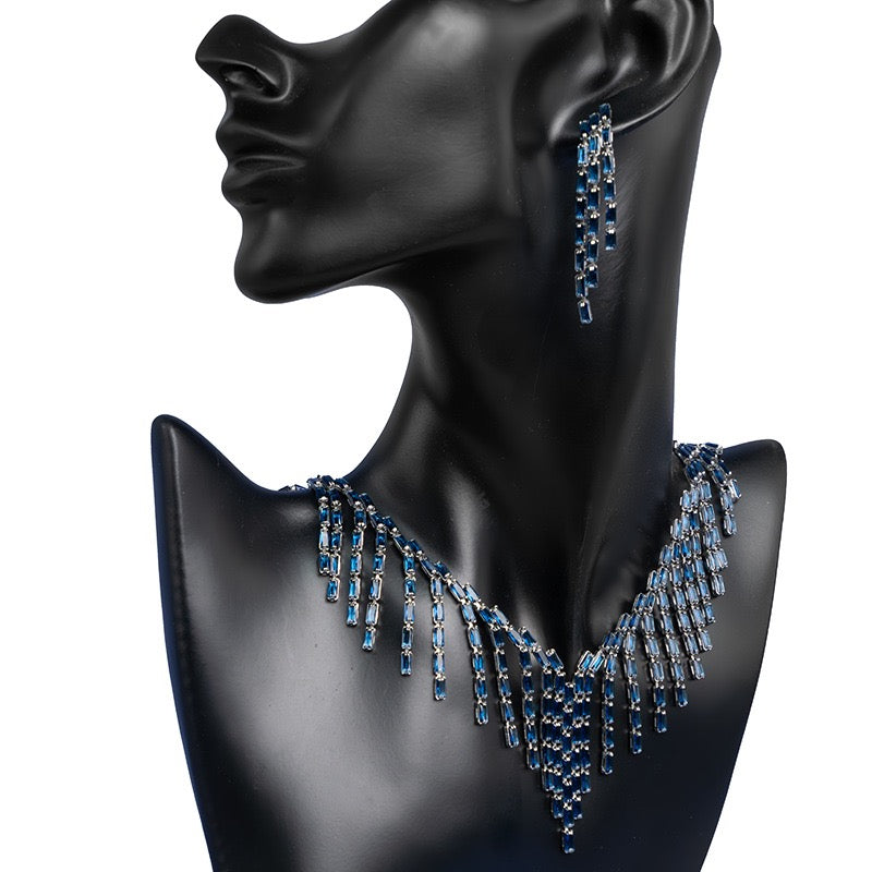 Double Layer Diamond Necklace Bracelet Earrings Set | Sapphire Ruby Emerald White Gemstone Jewelry Trio