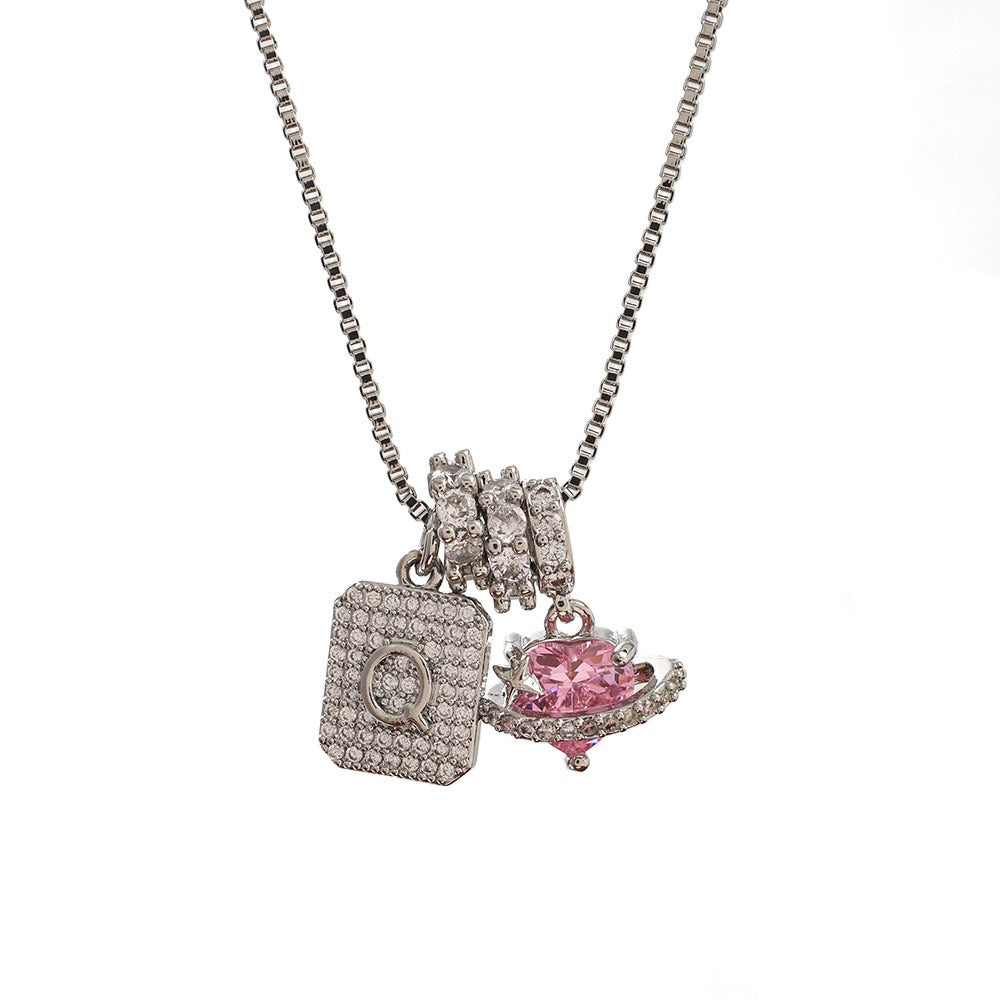 A Personalized Pink Heart Necklace - Custom Initial with CZ Stones | Dainty 40cm Chain