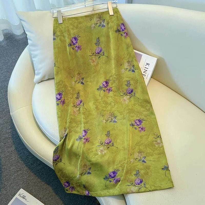 Vintage Floral Midi Skirt – Silky Satin, Elastic Waist