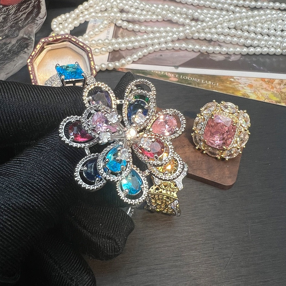 Victorian-Inspired Floral Lace Ring - Adjustable Open Band with CZ & Gem-Cut Detail