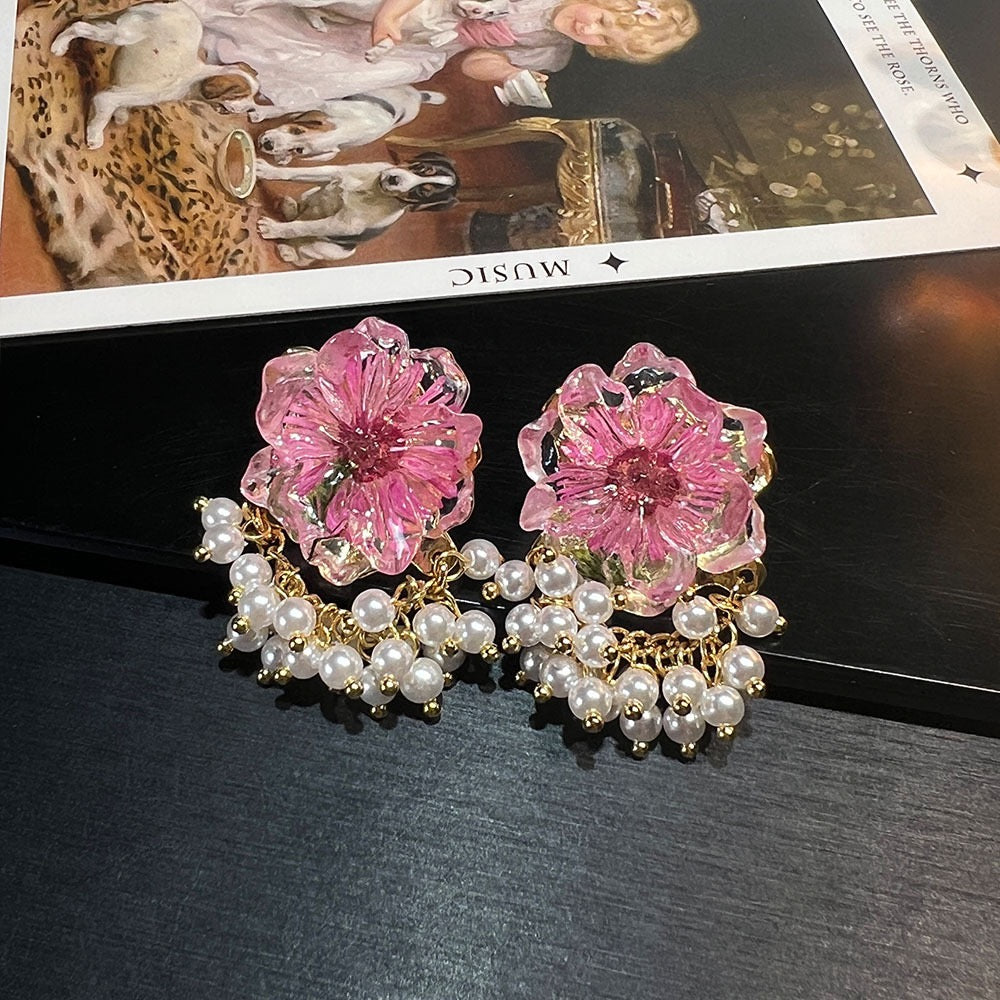 Pale Luna Amber Meadow: Dried Floral & Gold Fringe Earrings with S925 Silver