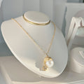 French Vintage Pearl Necklace - Brushed Gold Star & Christmas Hat Charm, Delicate Collarbone Chain - Pale Luna Jewelry