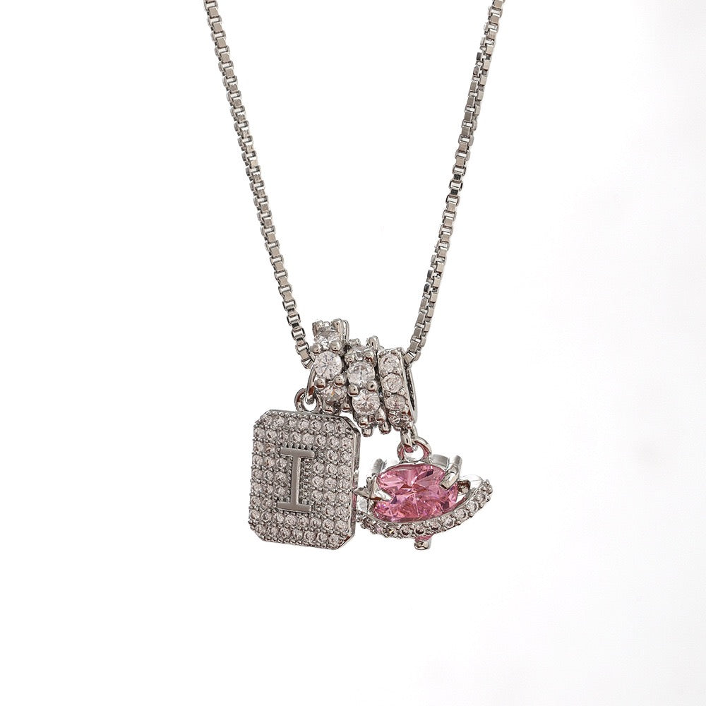 A Personalized Pink Heart Necklace - Custom Initial with CZ Stones | Dainty 40cm Chain