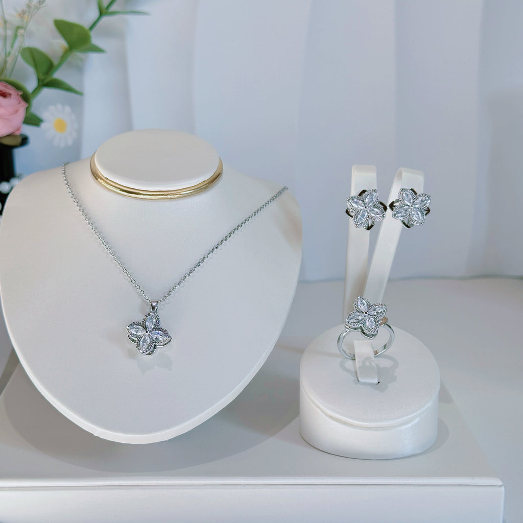 Rotating Four-Petal Flower Jewelry Set - Necklace, Earrings & Ring | “Good Luck Turn” Moving Charm - Pale Luna Jewelry