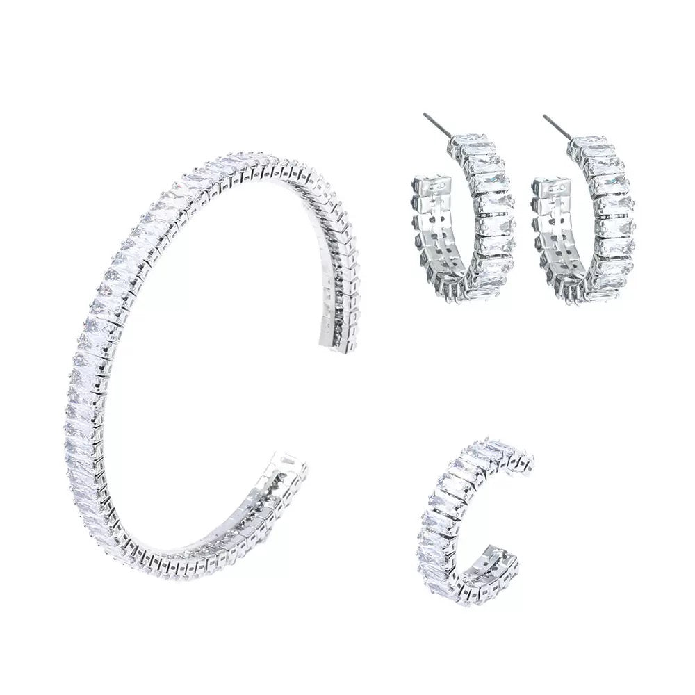 Petite Silver Cuff, Adjustable Ring & Stud Earrings with Channel-Set Zirconia