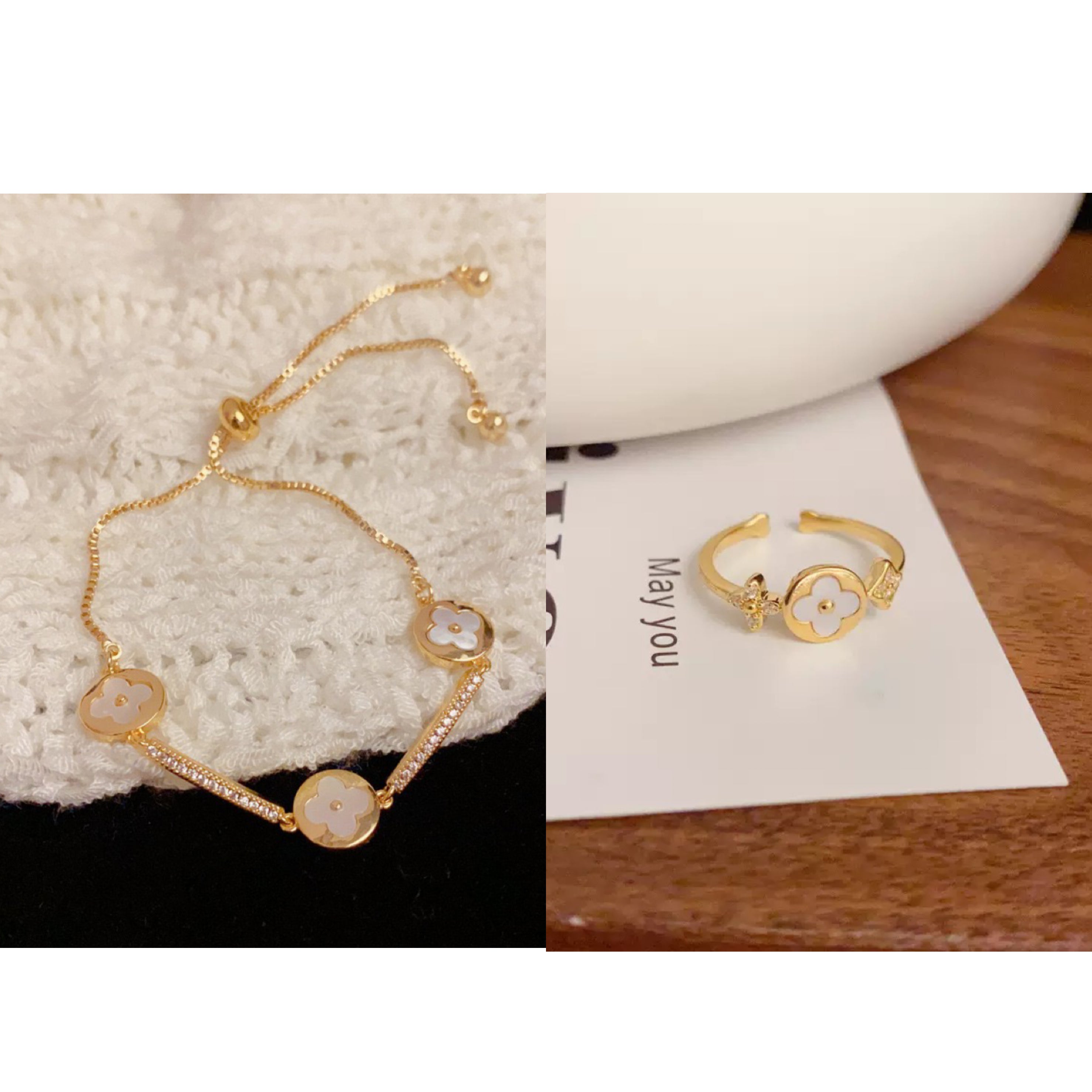 Four-Leaf Bloom Jewelry Set – Adjustable Bracelet, Open Ring, Pendant & Earrings | Gold/Silver