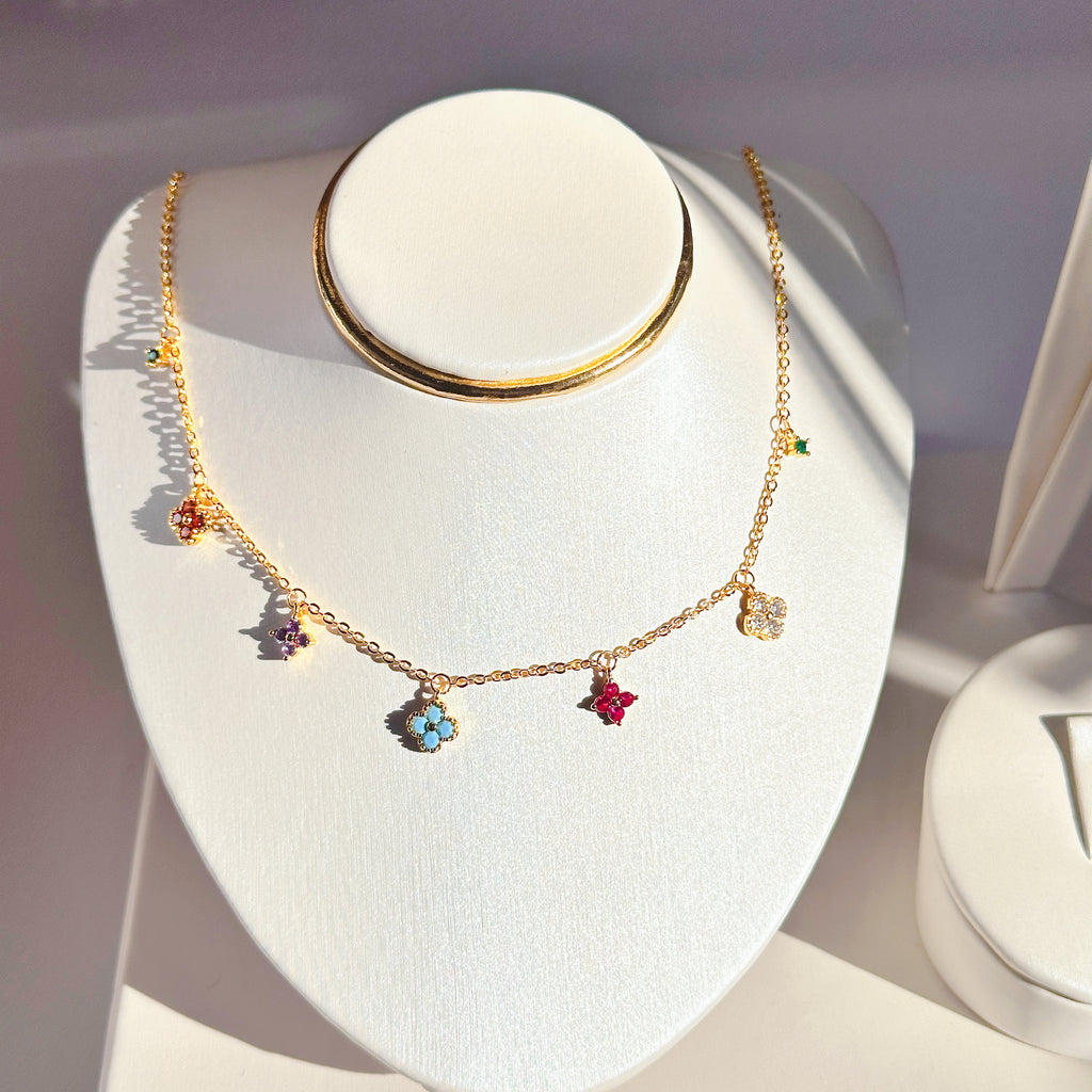 The Lucky Clover Pendant - Multi-Gemstone Necklace in 18K Gold Plated Brass