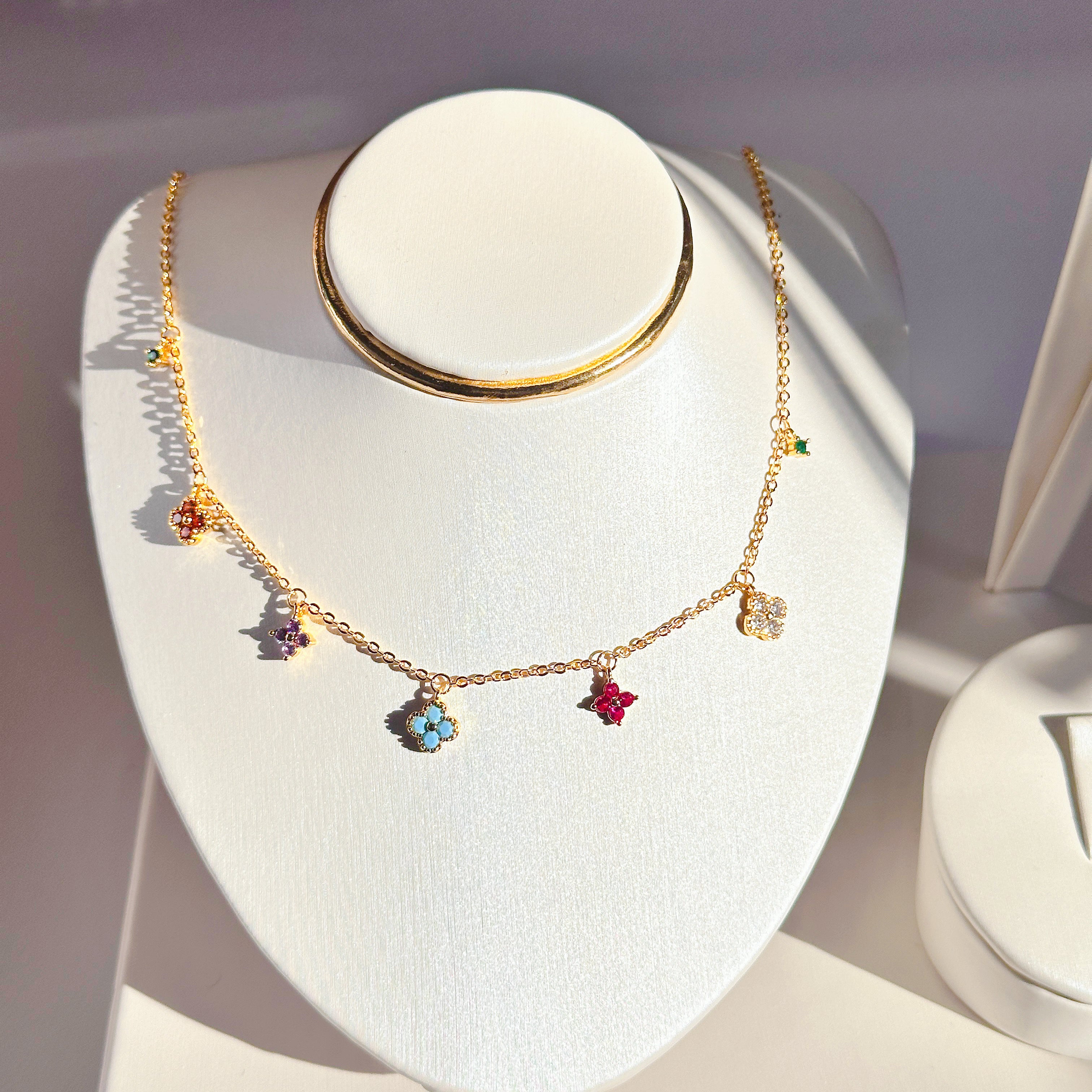 The Lucky Clover Pendant - Multi-Gemstone Necklace in 18K Gold Plated Brass