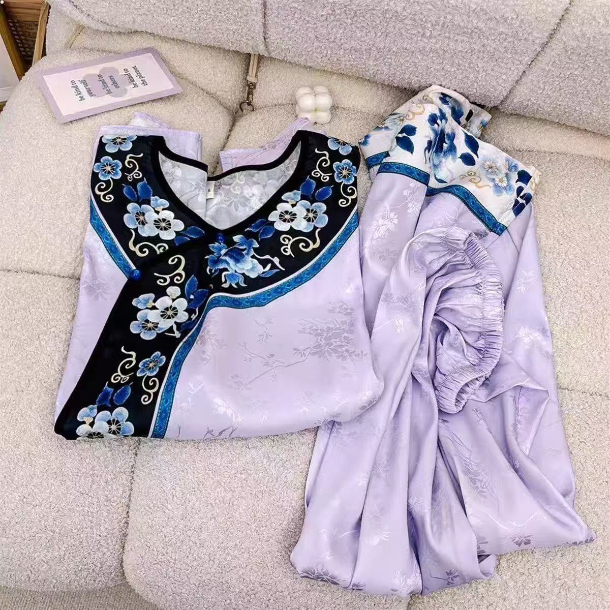 Qing Dynasty Princess Pajama Set – Vintage Court Floral Jacquard, Long-Sleeve