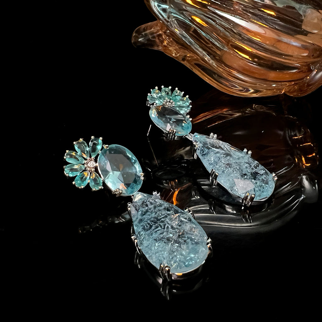 5A Ice Blue Zircon Earrings High-Fashion Faceted Studs S925 Sterling Silver Runway Inspired Jewelry - Pale Luna Jewelry