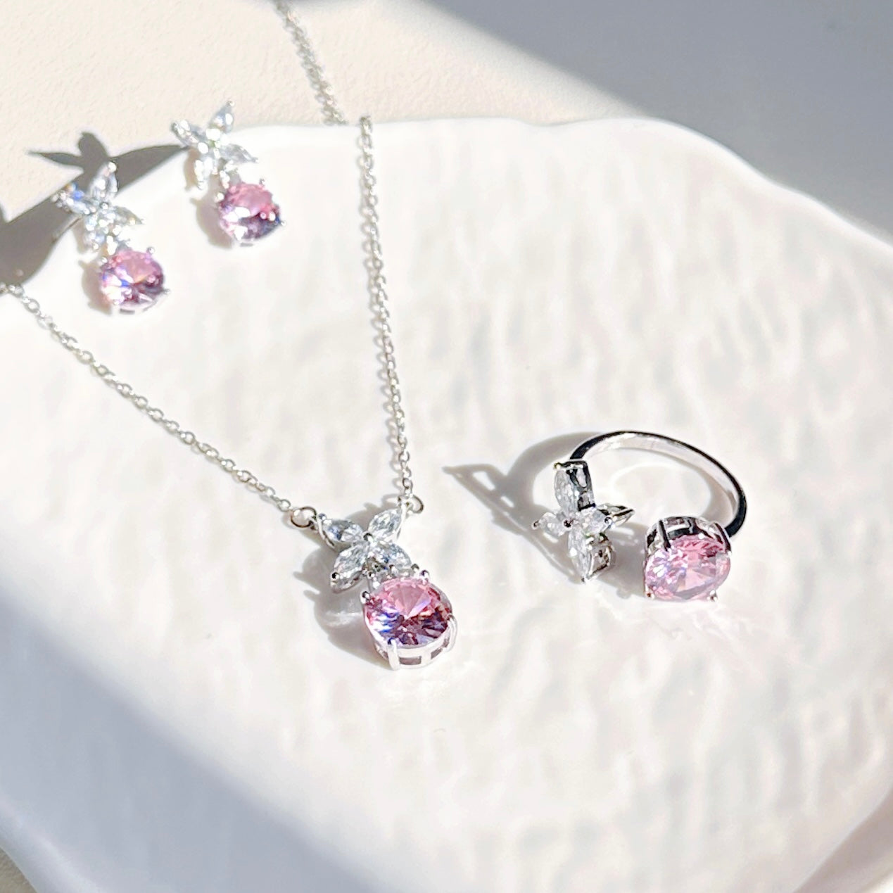 Delicate Pink Zircon Jewelry Set | Necklace, Earrings & Ring Trio