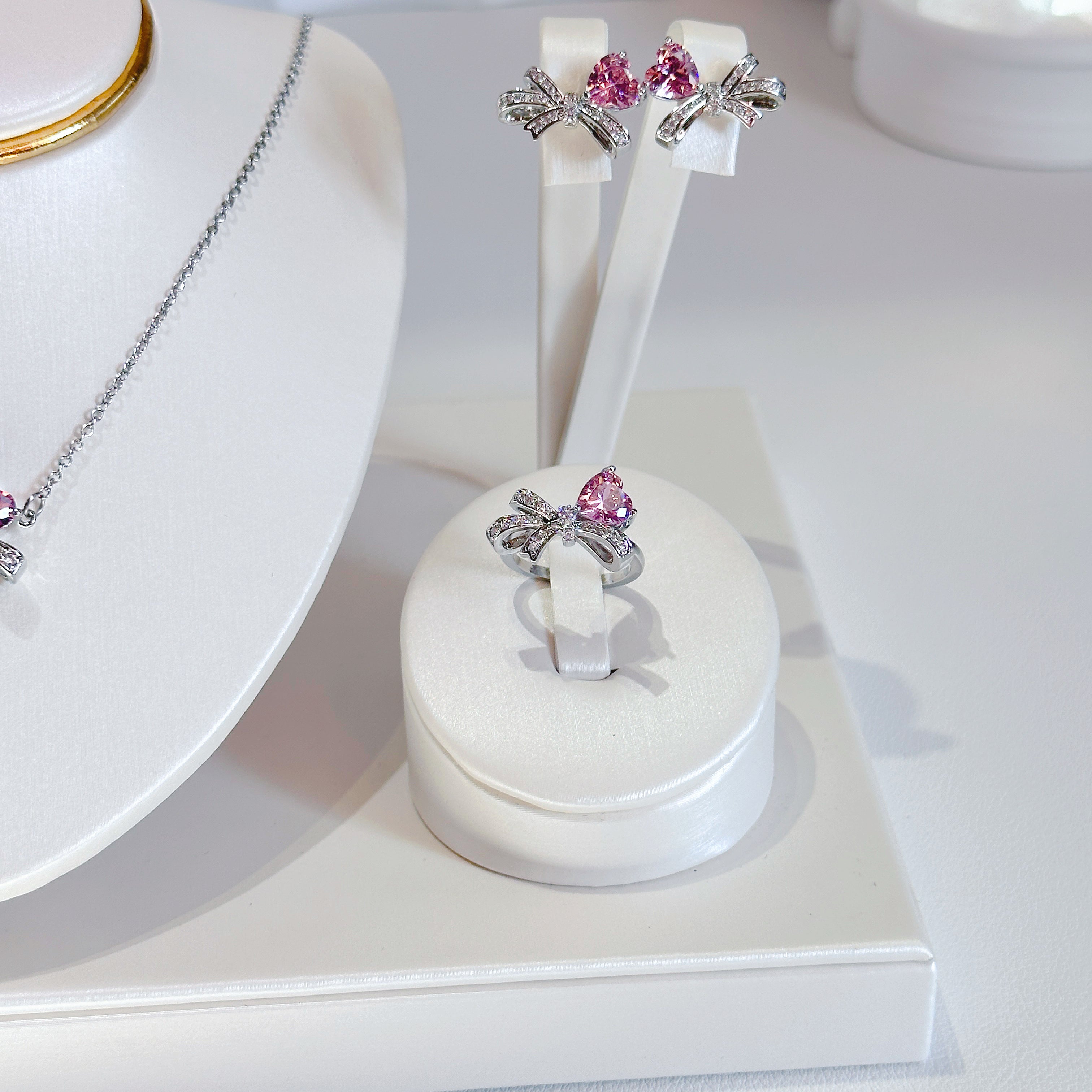 Bow Knot Jewelry Set - Necklace, Earrings & Ring with Pink Zircon | Delicate & Feminine Trio - Pale Luna Jewelry