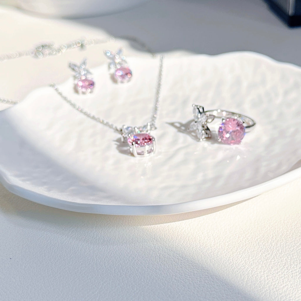 Delicate Pink Zircon Jewelry Set | Necklace, Earrings & Ring Trio