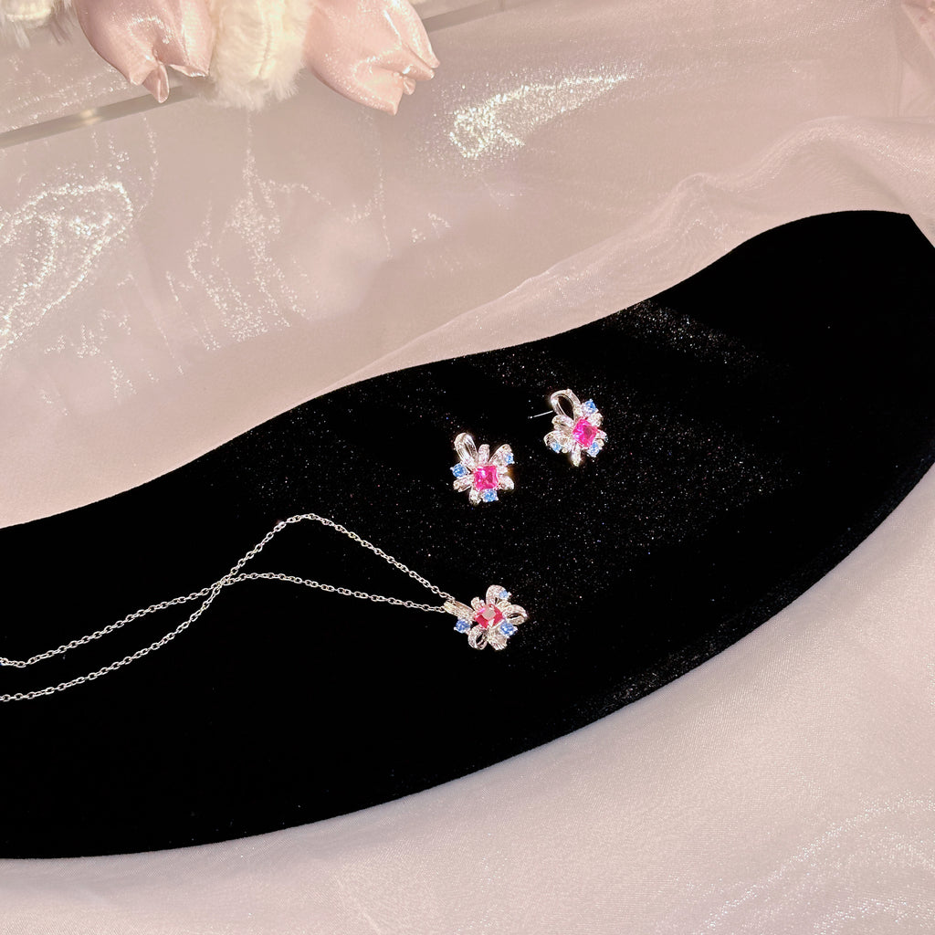 Fashion Luxury Pigeon Blood Red Corundum Flower Jewelry Set | Necklace & Earrings