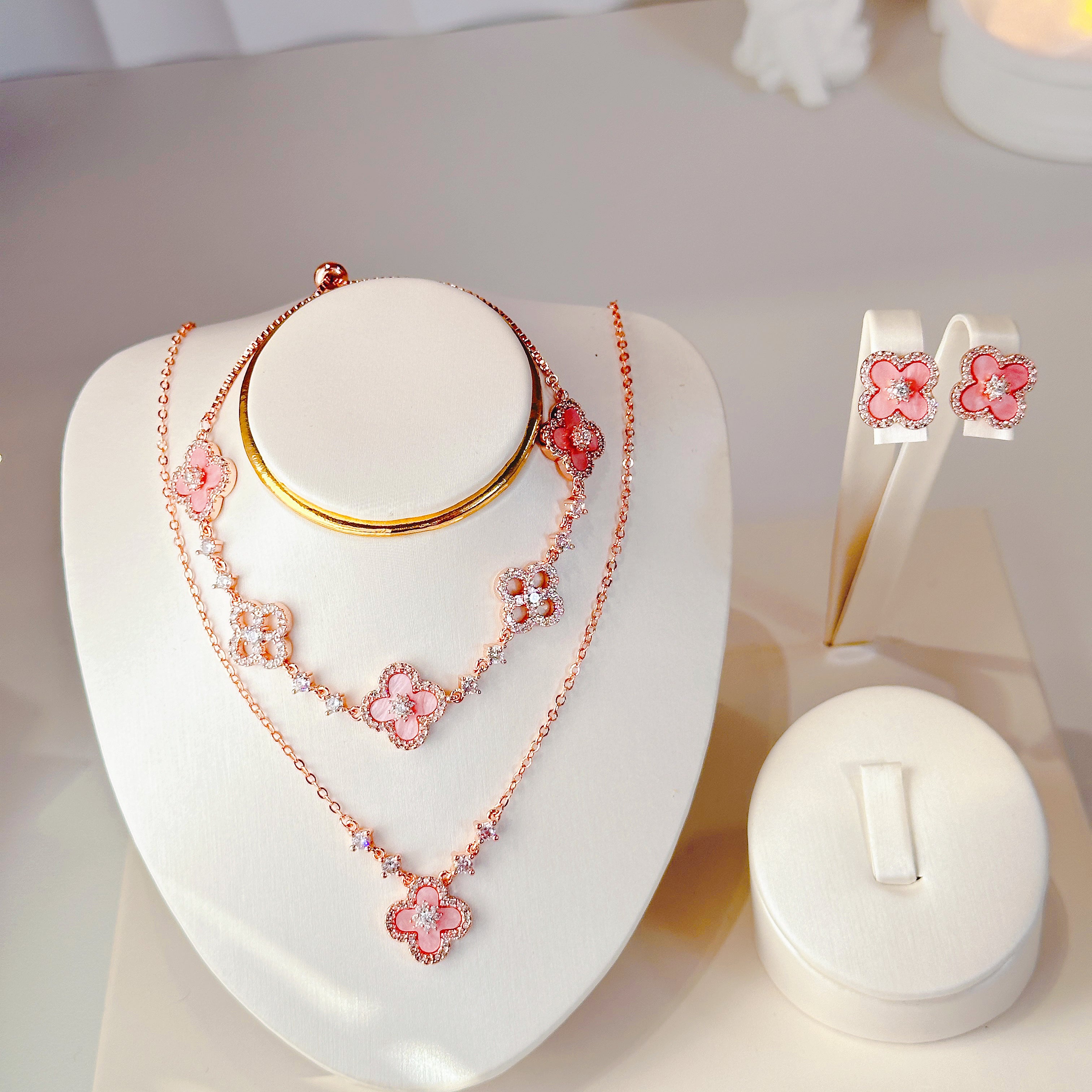 Lucky Four Leaf Clover Jewelry Set | S925 Sterling Silver Earrings & Necklace & Bracelet