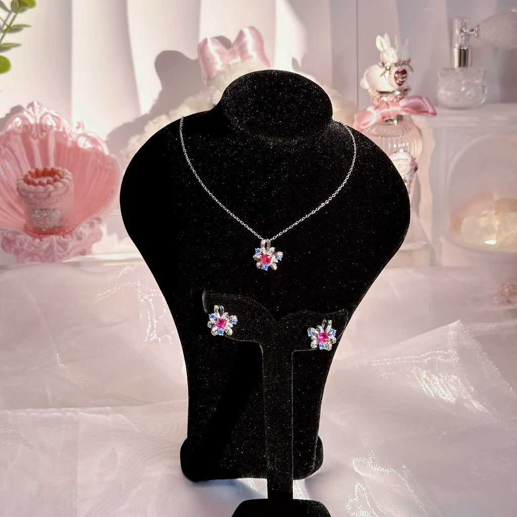 Fashion Luxury Pigeon Blood Red Corundum Flower Jewelry Set | Necklace & Earrings