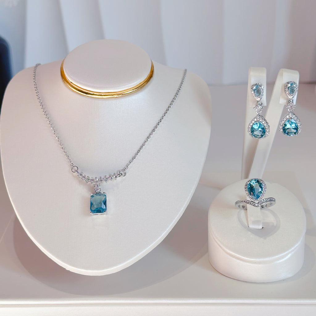 Blue Tear Drop Jewelry Set - Necklace, Earrings & Ring | Icy Blue Zircon Waterdrop Trio - Pale Luna Jewelry