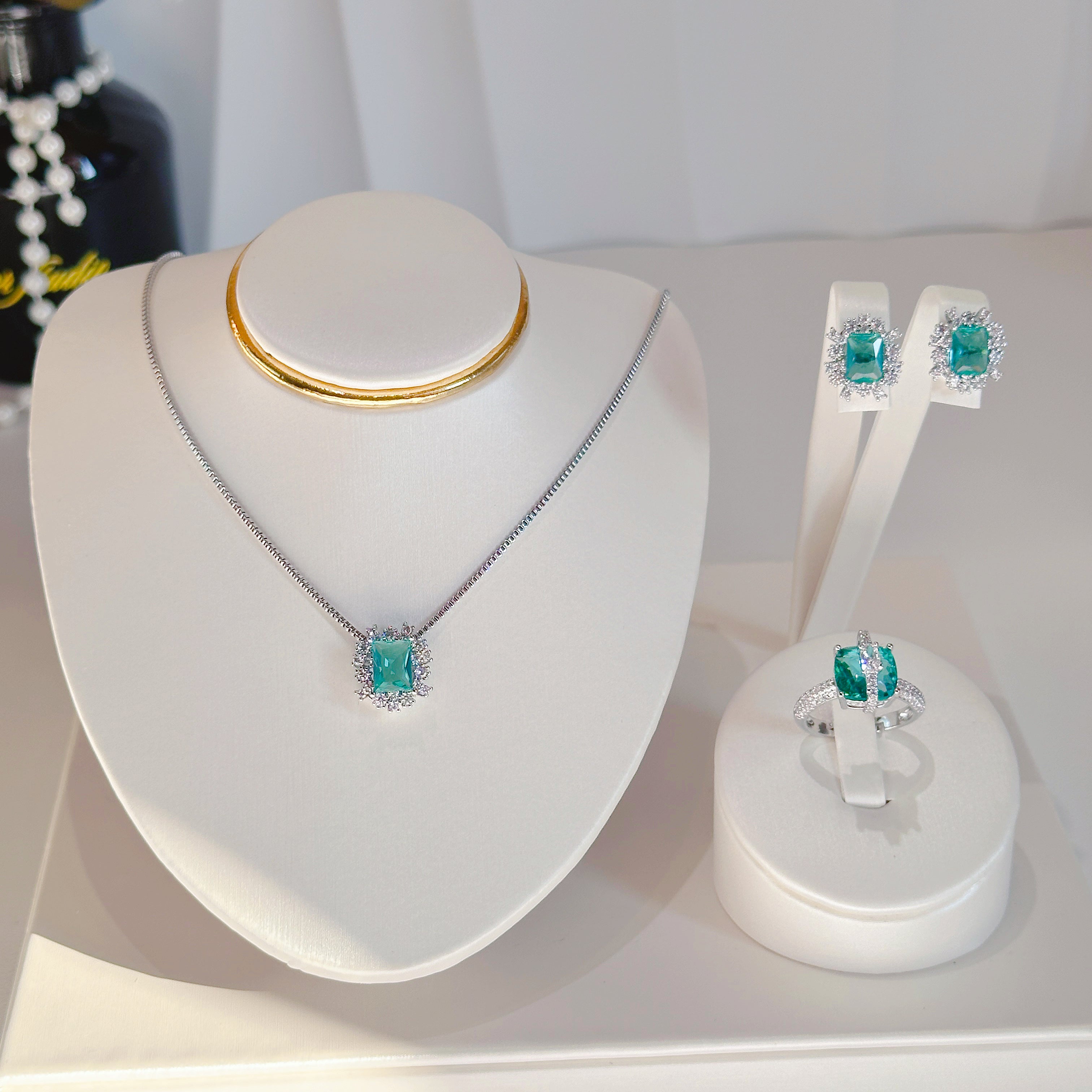 Geometric Ice & Crystal Jewelry Set - Titanium Steel Necklace, Earrings & Cubic Zircon Ring | Modern Blue Collection - Pale Luna Jewelry