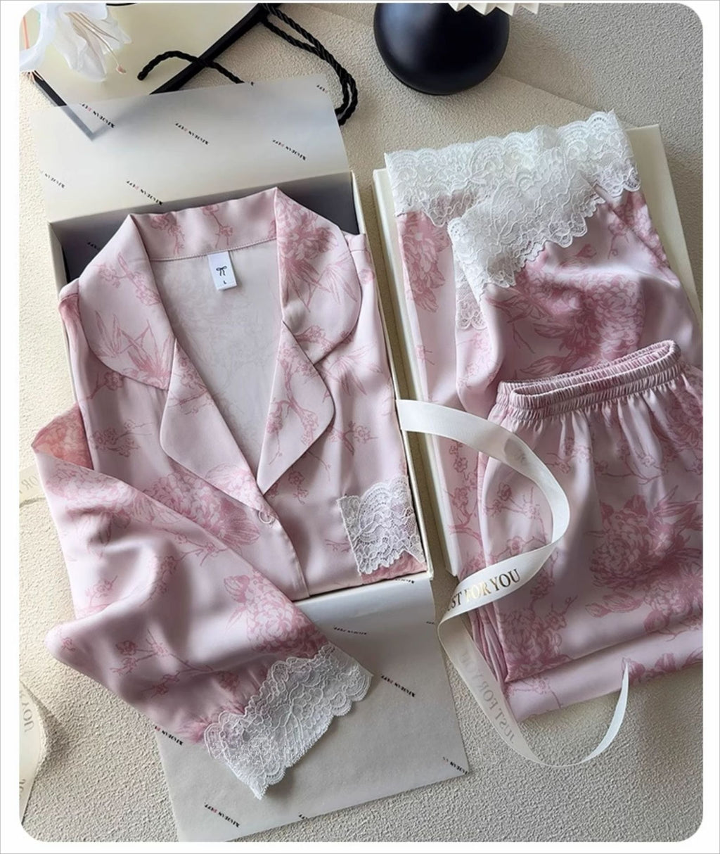 Lace Trim Ice-Silk Pajama Set – Long Sleeve Long Pants, Light Luxury Style