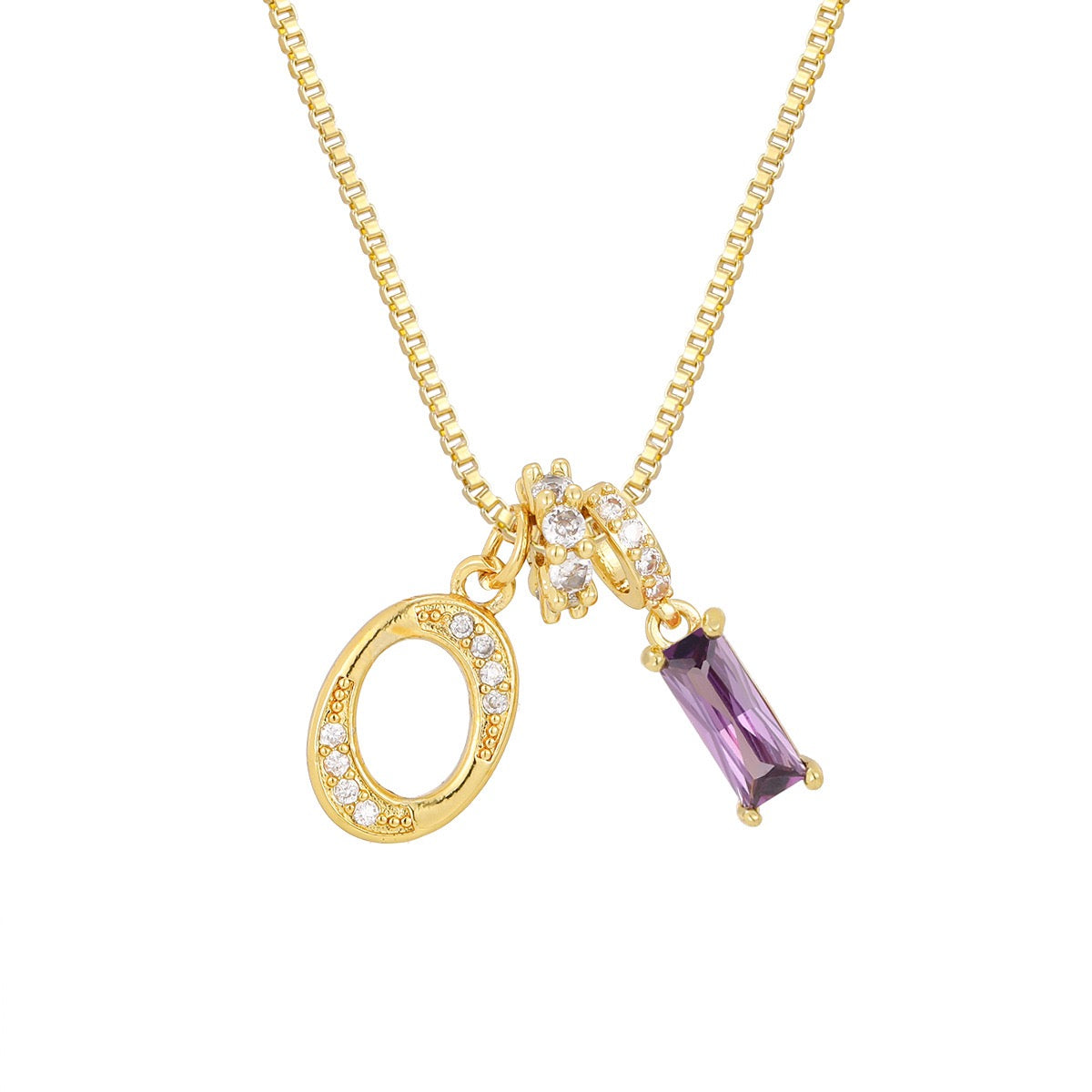 Gold Letter Necklace with Purple CZ - Rectangular Bar Pendant with Custom Initial | Personalized Jewelry