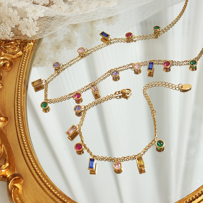 The Chromatic Fringe Set - Multi-Color Zircon Necklace & Titanium Steel Bracelet