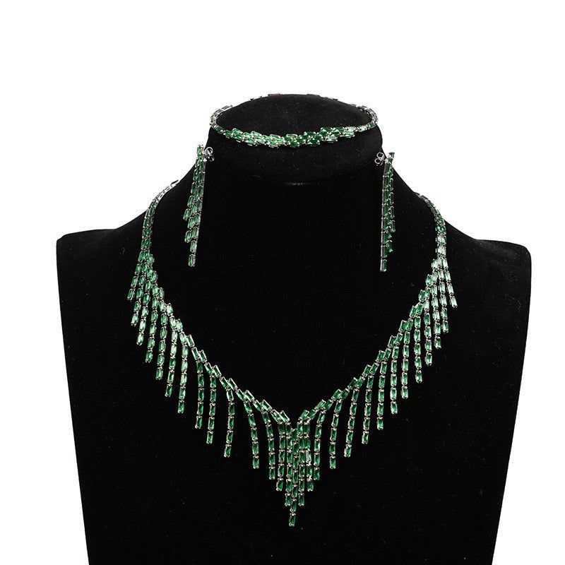 Double Layer Diamond Necklace Bracelet Earrings Set | Sapphire Ruby Emerald White Gemstone Jewelry Trio