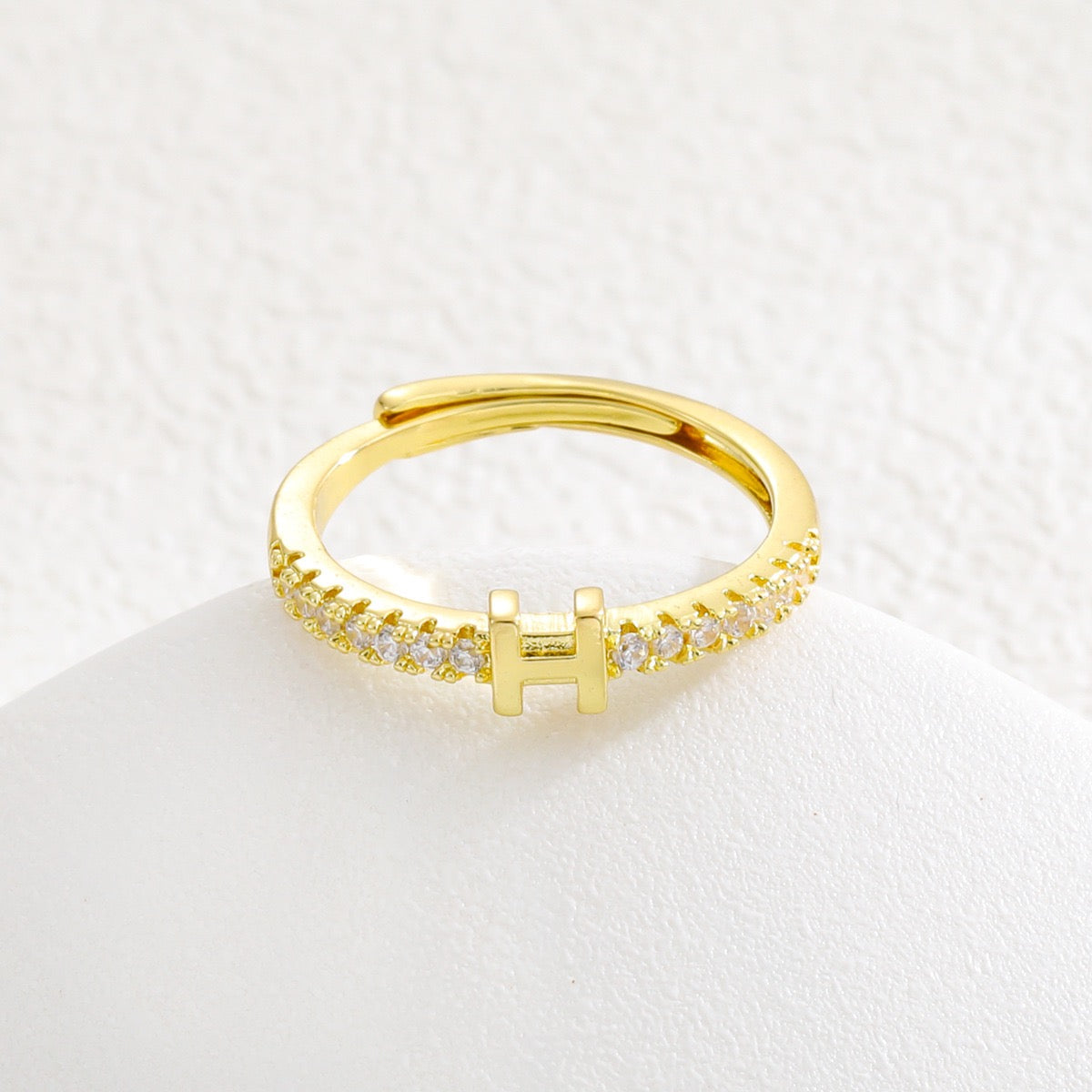 Personalized Initial Ring - Gold Plated Open Band with Sparkling Cubic Zirconia
