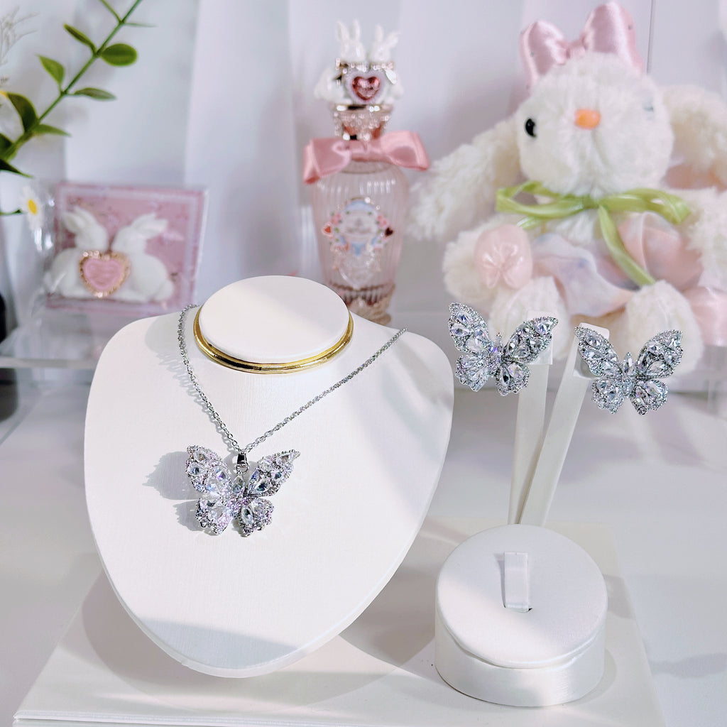 “Midnight Monarch” Butterfly Jewelry Set – Sterling Silver Tone Necklace & Earrings with 3A Zirconia | Bold Statement Set