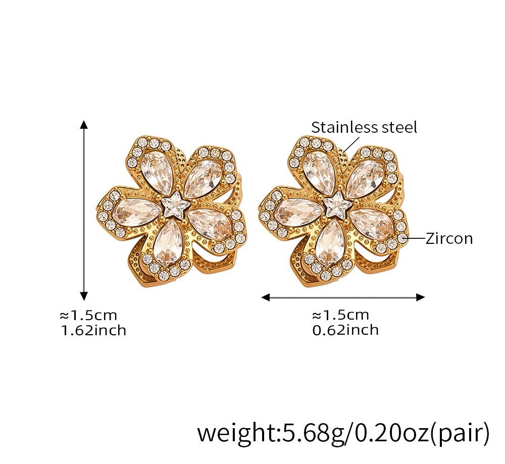 The Rotating Bloom Trio - Kinetic Five-Petal Flower Set in Stainless Steel & Zircon