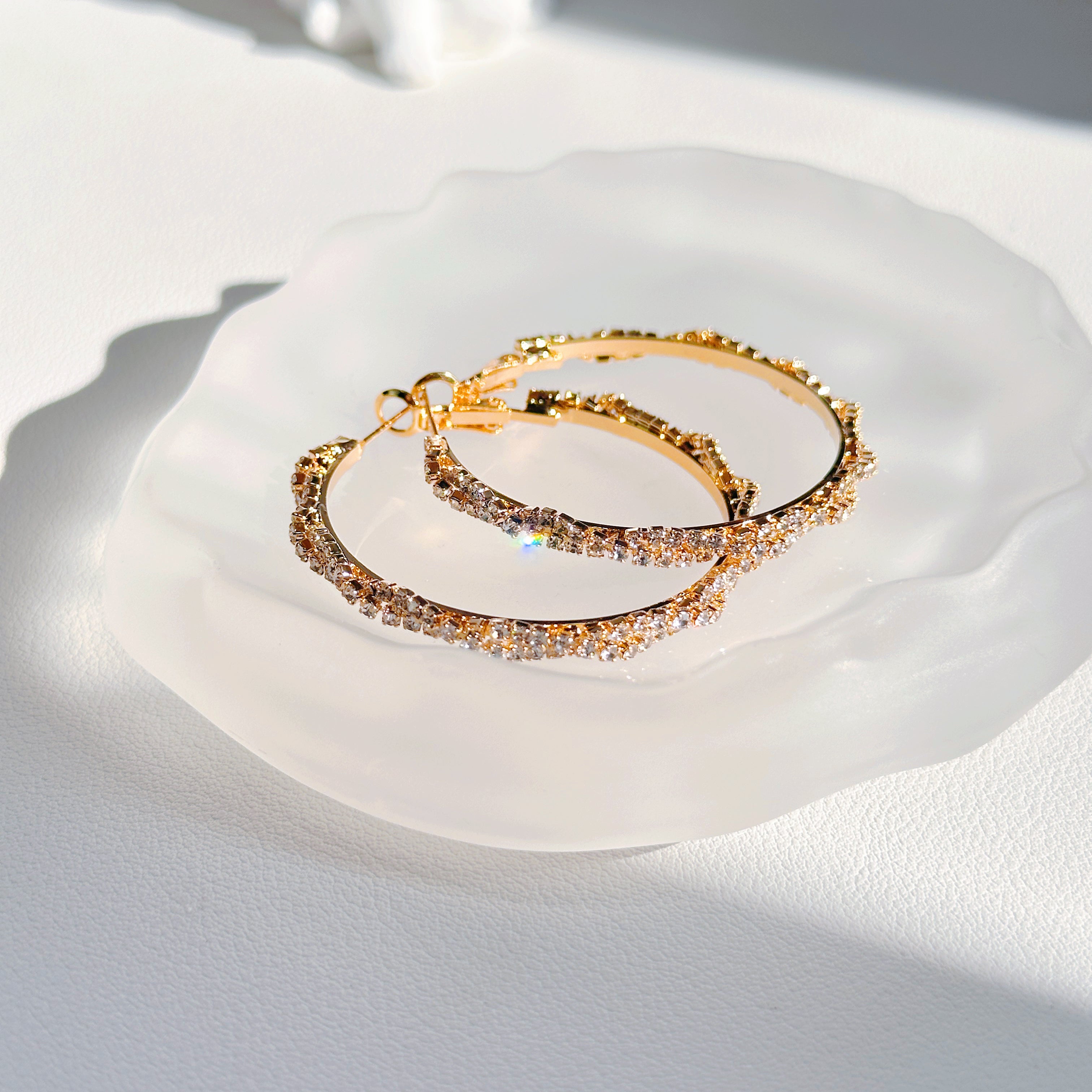 Sparkling Gold Hoop Earrings with Crystals | Elegant & Shiny Design