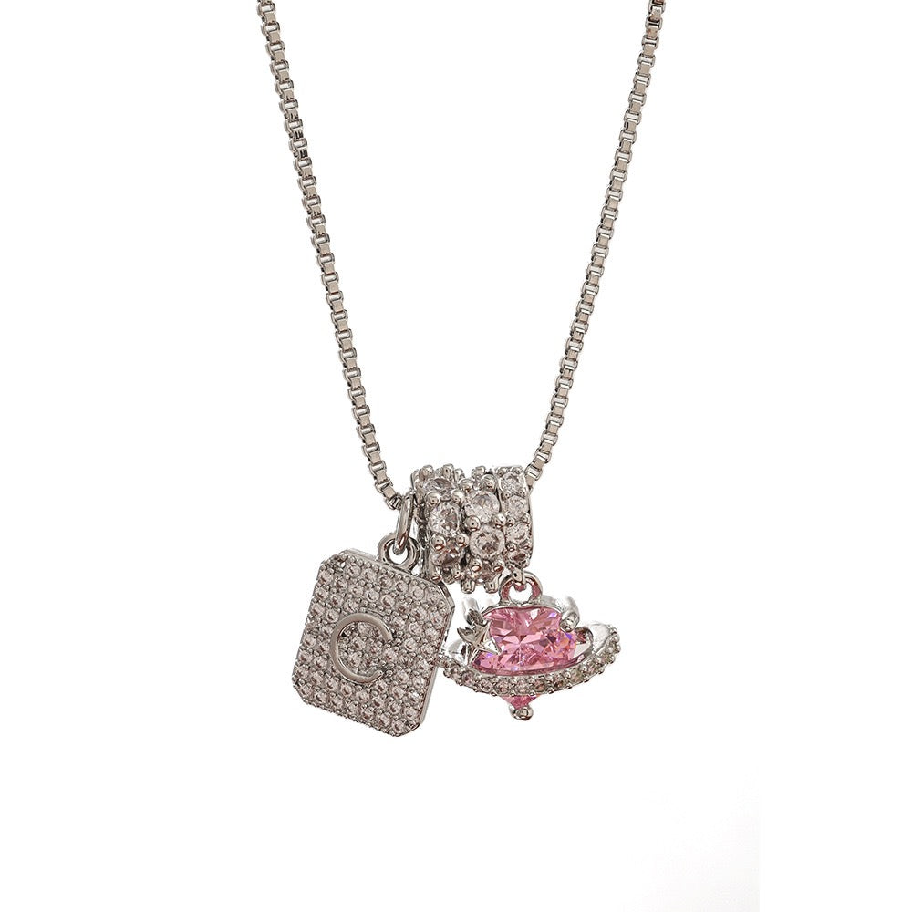 A Personalized Pink Heart Necklace - Custom Initial with CZ Stones | Dainty 40cm Chain