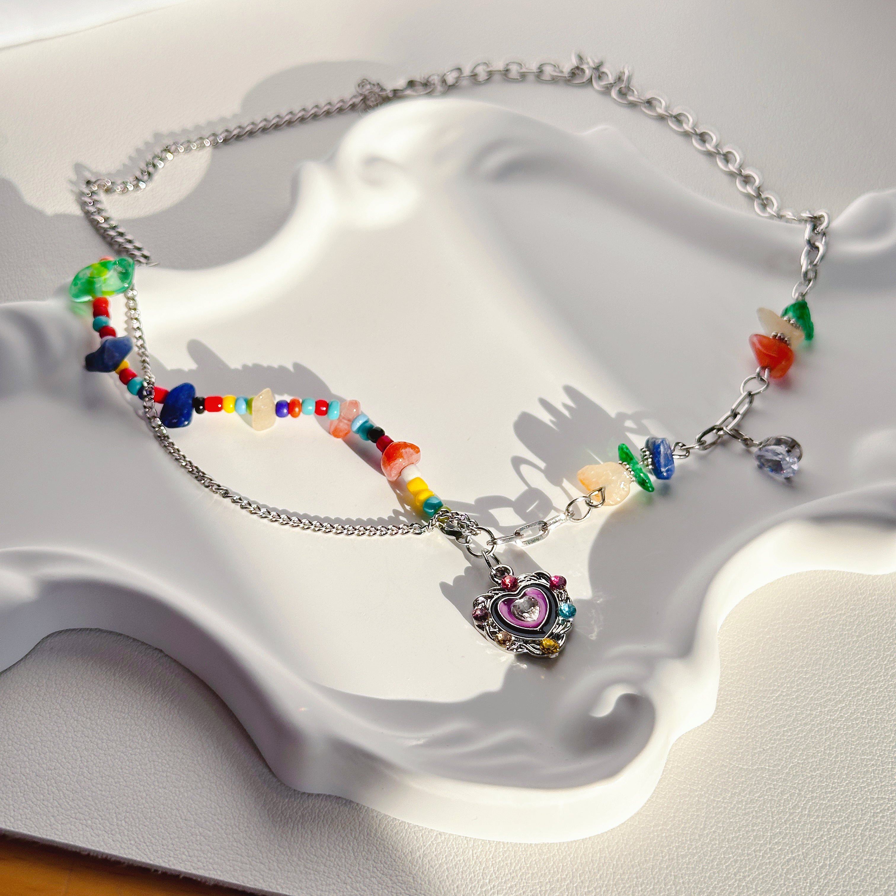 The Rainbow Heart Pendant | Multi-Gemstone Heart Necklace in Titanium Steel