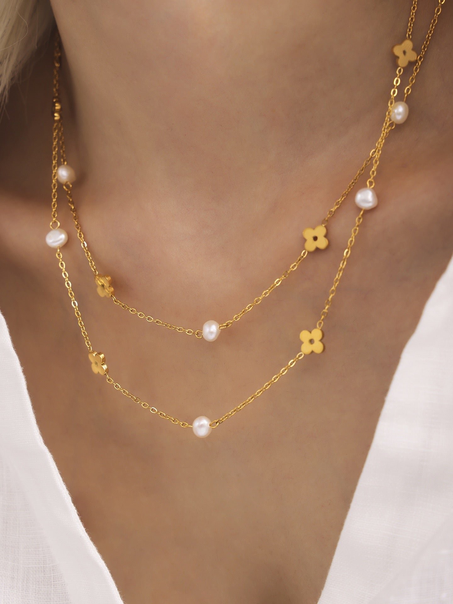 The Pearl Chain Blossom Set - Freshwater Pearl & Floral Link Necklace & Bracelet