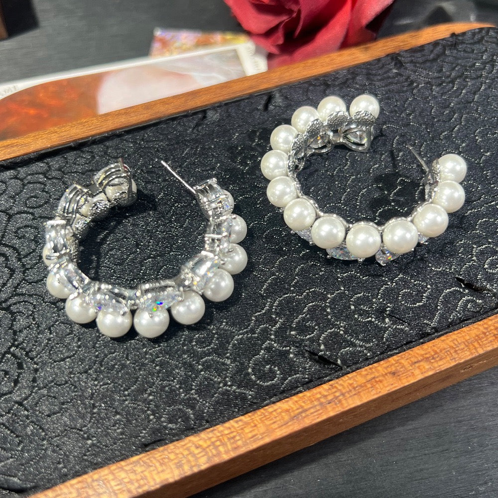 Pale Luna Runway Halo: Pavé Diamond C-Hoop Pearl Earrings | S925 Sterling Silver