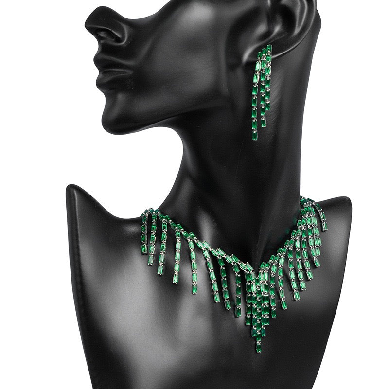 Double Layer Diamond Necklace Bracelet Earrings Set | Sapphire Ruby Emerald White Gemstone Jewelry Trio