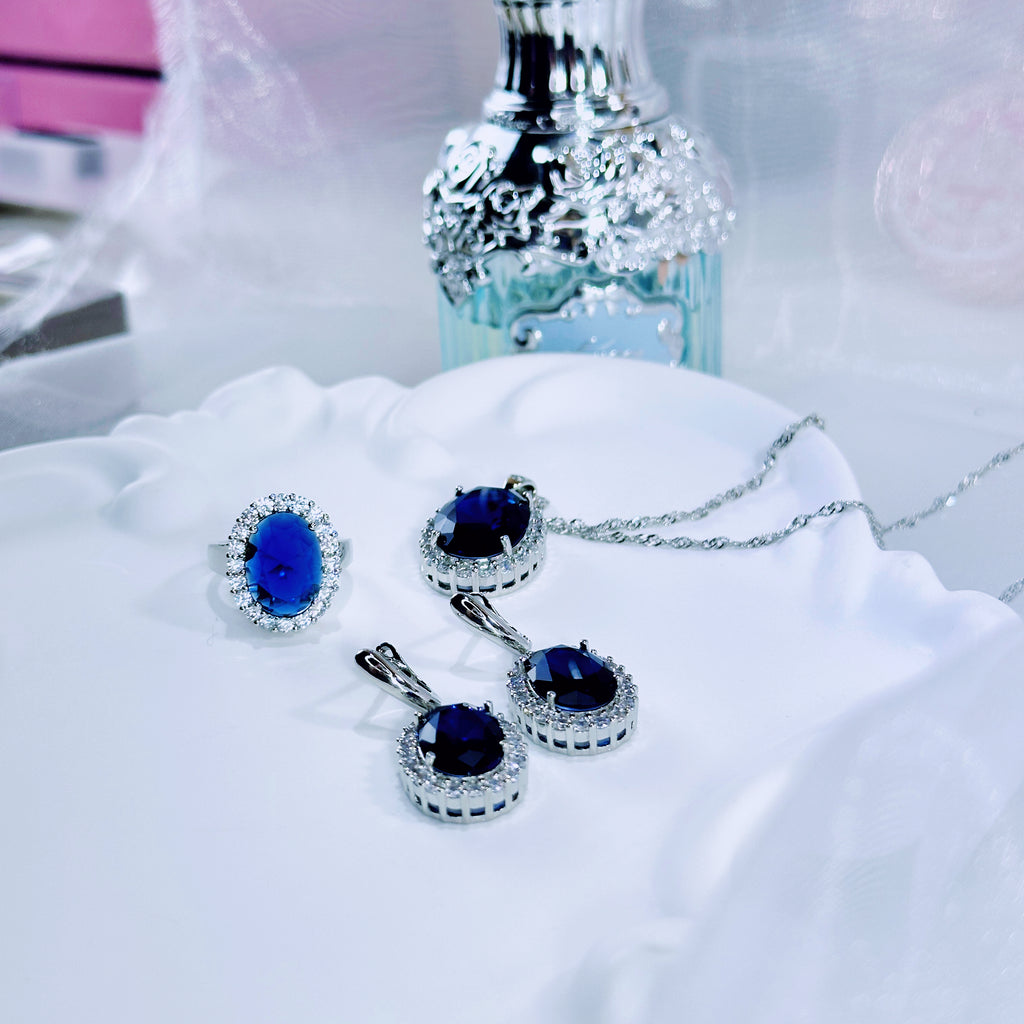 “Azure Constellation” 3-Piece Jewelry Set – Blue Gemstone Necklace, Earrings & Ring with Diamond Halo | Gold/Silver Tone