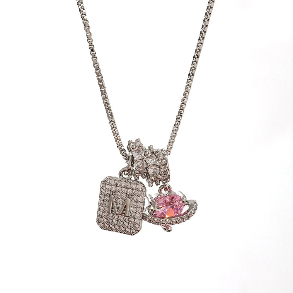 A Personalized Pink Heart Necklace - Custom Initial with CZ Stones | Dainty 40cm Chain