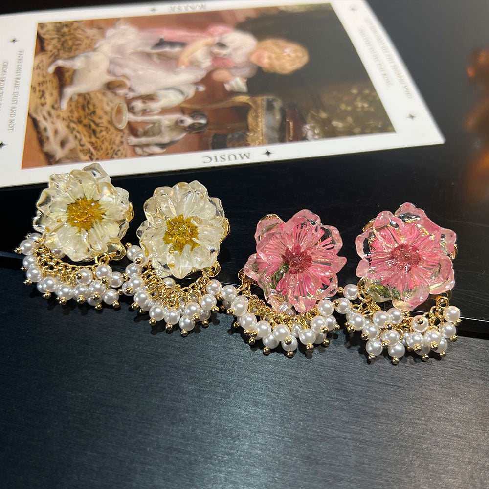 Pale Luna Amber Meadow: Dried Floral & Gold Fringe Earrings with S925 Silver